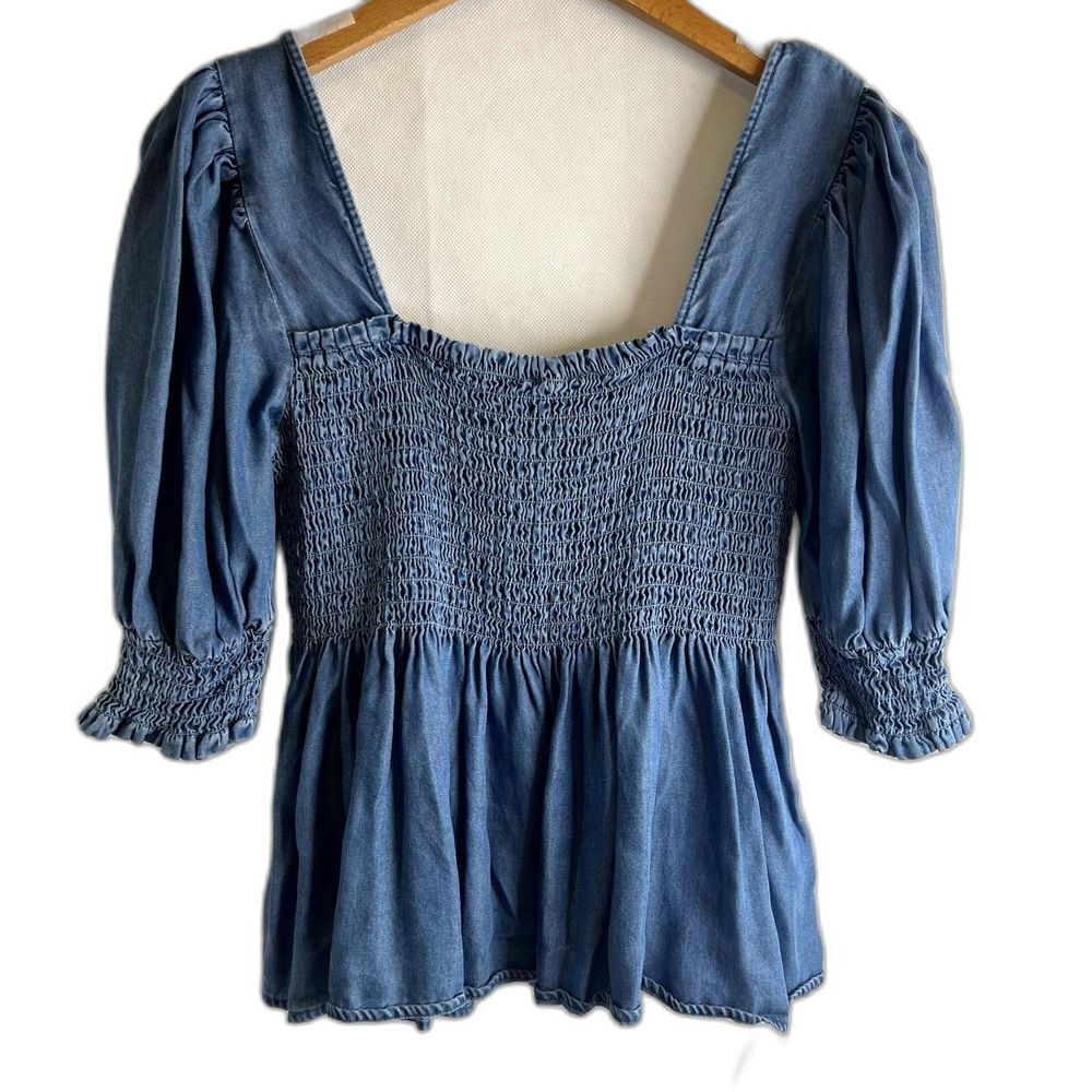 K/Lab Smocked Bodice Tencel Denim Blouse‎ Size Small